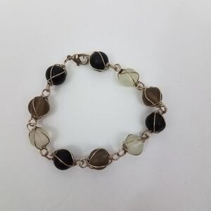 Wire Wrapped Beaded Bracelet Gray Black Clear Silver Tone Round Chain